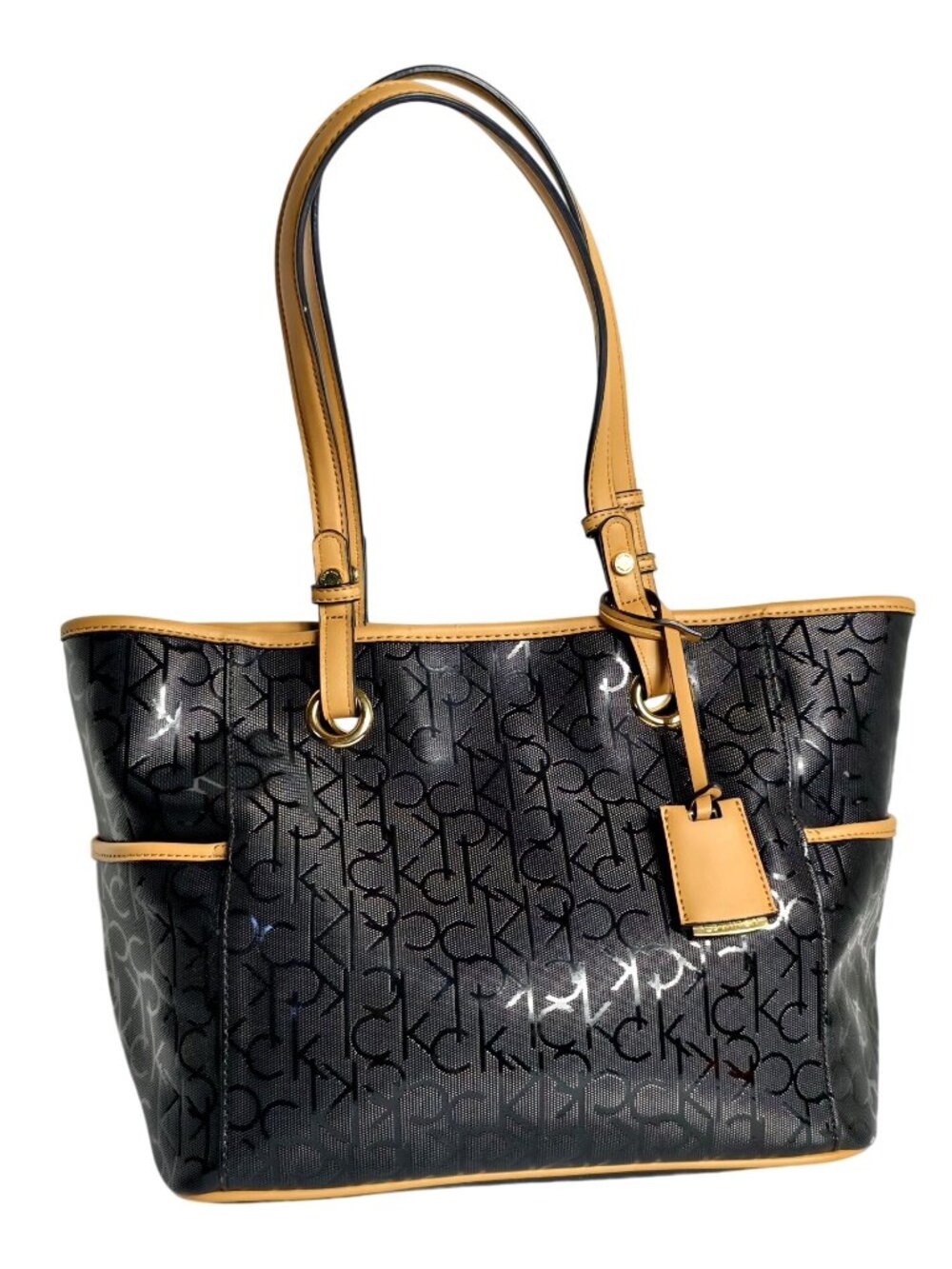Calvin Klein Signature Tote Bag Black Monogram Tan Leather Gold Hardware